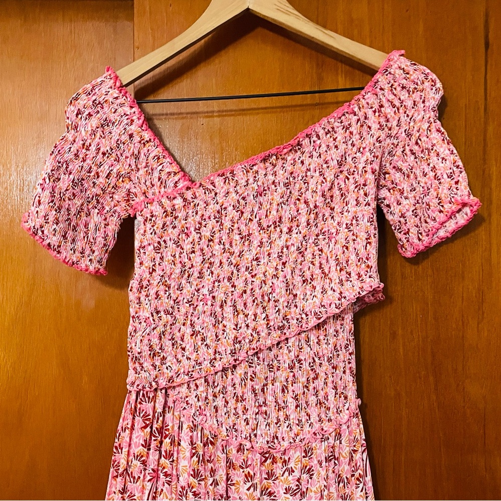 Poupette St Barth Soledad Smocked Midi Dress Pink Damask Floral Off Shoulder - Picture 6 of 16